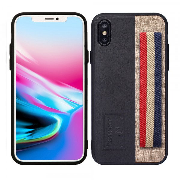 Wholesale iPhone X (Ten) Striped Hand Strap Grip Holder PU Leather Case (Black)